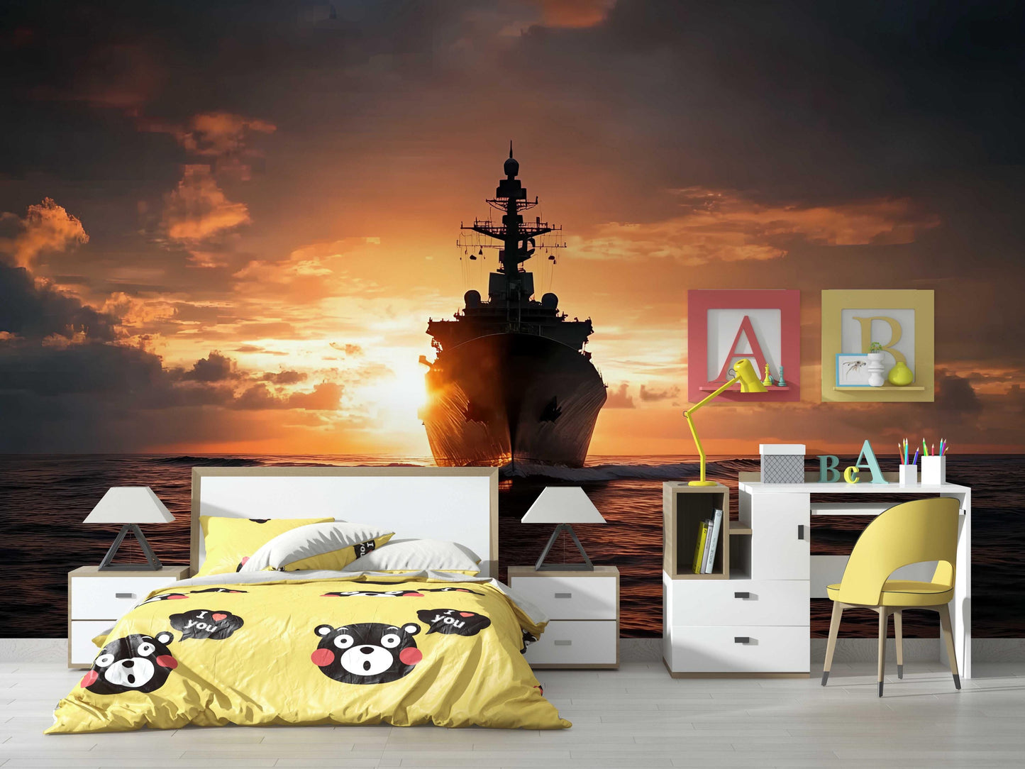Nautical Kids Bedroom Decor Set with Ship Sunset Wall Mural & Bear Bedding | Ocean Theme Boy Room Furniture Set Vn452