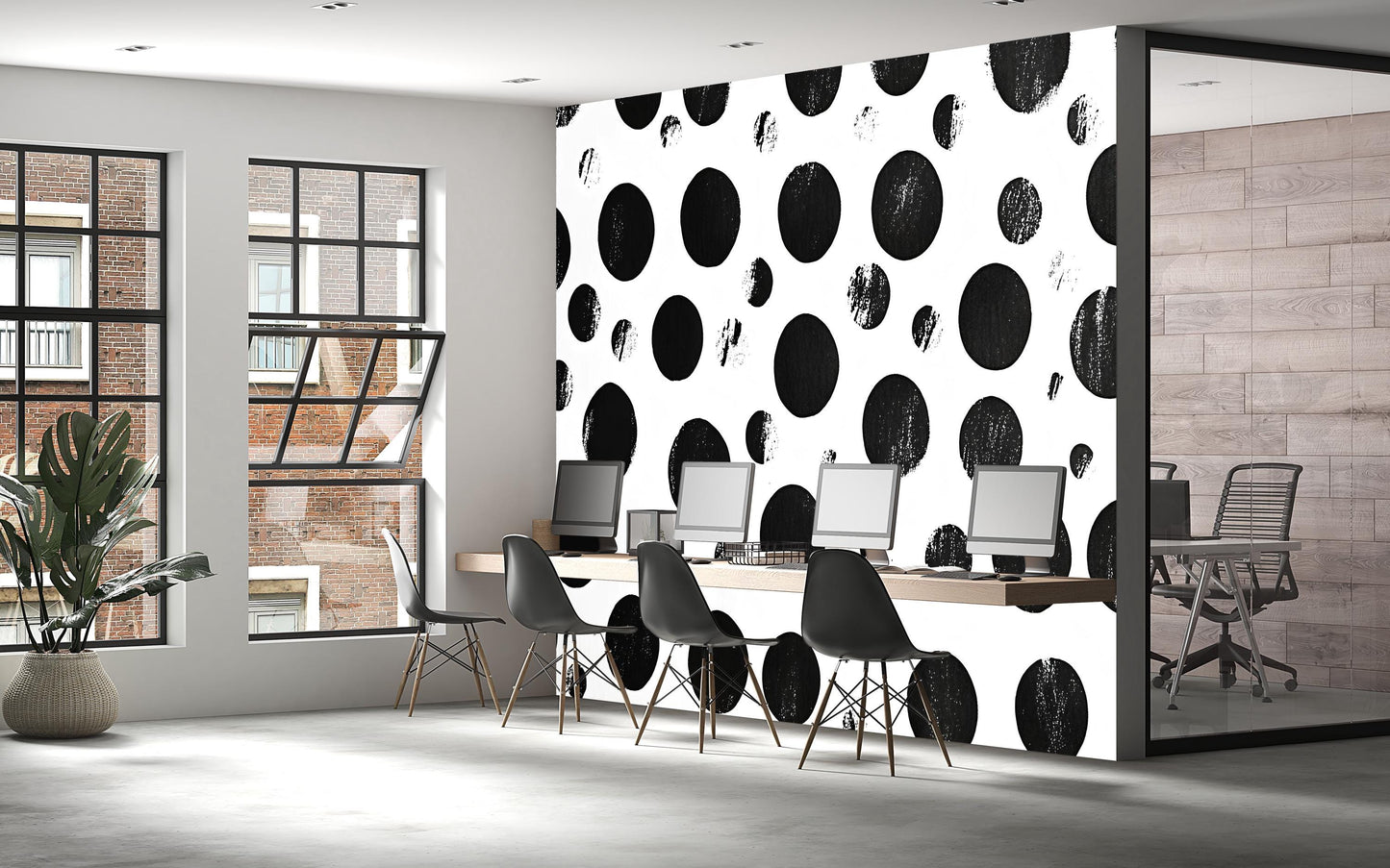 Black Dot Wall Mural – Modern Distressed Polka Dot Wallpaper, Bold Geometric Accent Wall for Office or Living Room Vn851