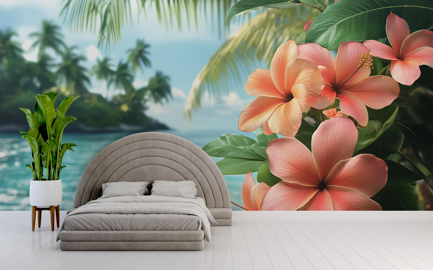 Tropical Beach Hibiscus Flower Wall Mural – Exotic Ocean Paradise Bedroom Wallpaper Vn647