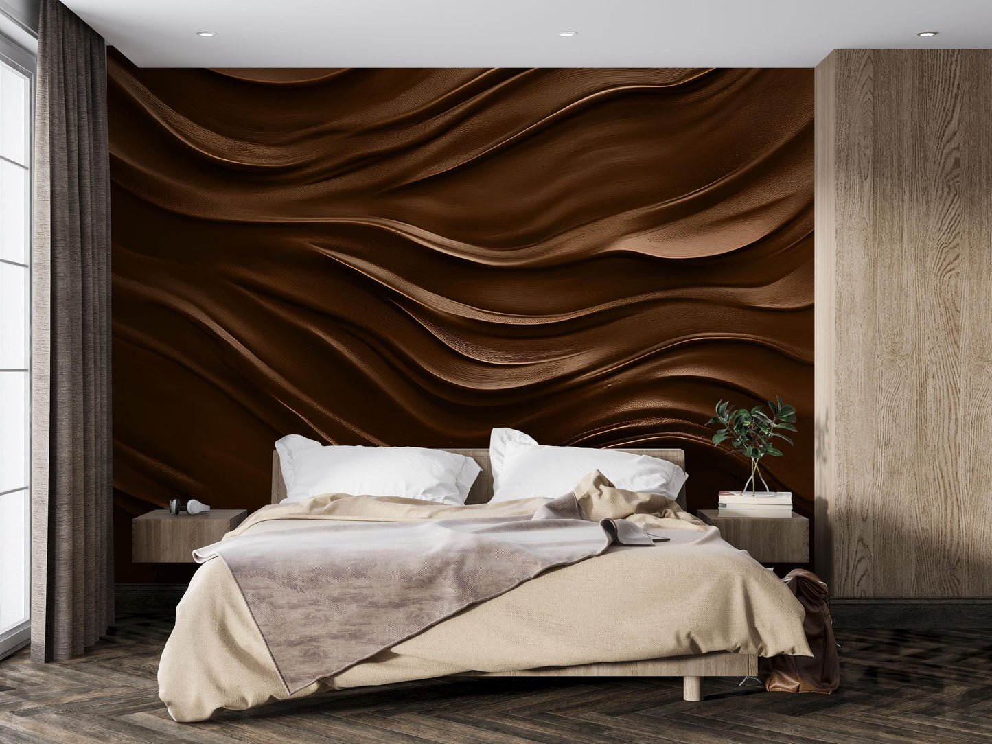 Modern Wavy Brown Accent Wall Art | 3D Texture Bedroom Decor | Earthy Tones Wall Mural Vn652