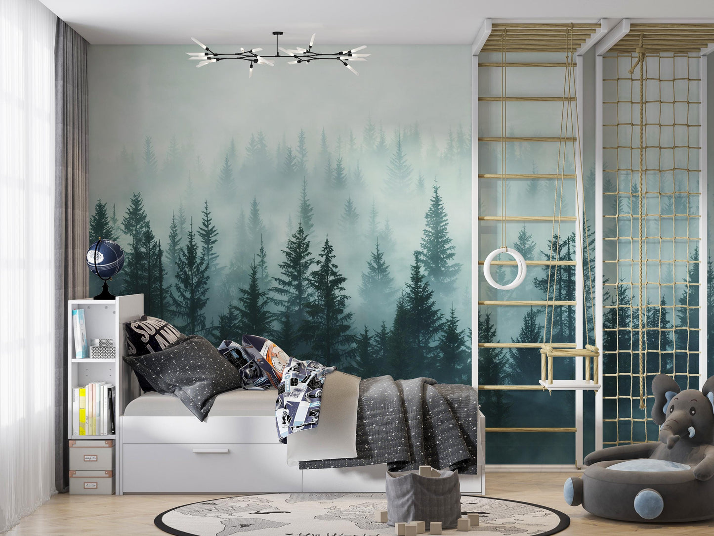 Misty Forest Wall Mural – Foggy Woodland Pine Tree Wallpaper, Nature Landscape Accent Wall Decor for Bedroom or Kids Room Vn1075
