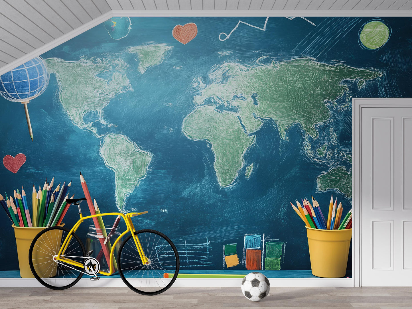 World Map Kids Wall Mural | Educational Travel Theme Nursery Decor | Wooden House Bed Toddler Room | Cozy Earthy Child Bedroom Design Vn416