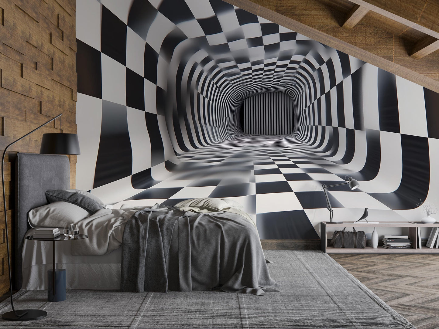 3D Optical Illusion Wall Mural – Black White Tunnel Wallpaper Vn907
