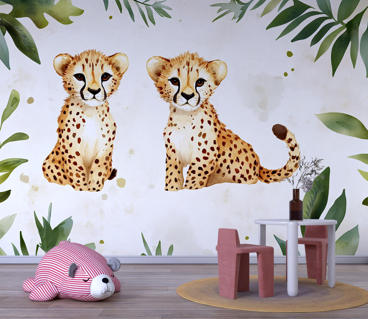 Cheetah Cub Jungle Wall Mural – Safari Nursery Wall Art – Baby Animal Wallpaper for Kids Room Vn533