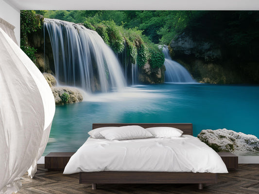 Waterfall Wall Mural for Bedroom – Nature-Inspired Wallpaper, Tranquil Forest Scene, Large Peel & Stick Mural Décor Vn695