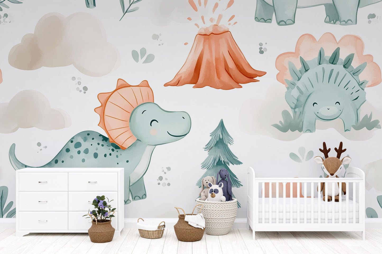 Cartoon Dinosaur Wall Mural – Cute Dino Wallpaper for Kids Room & Nursery Vn976