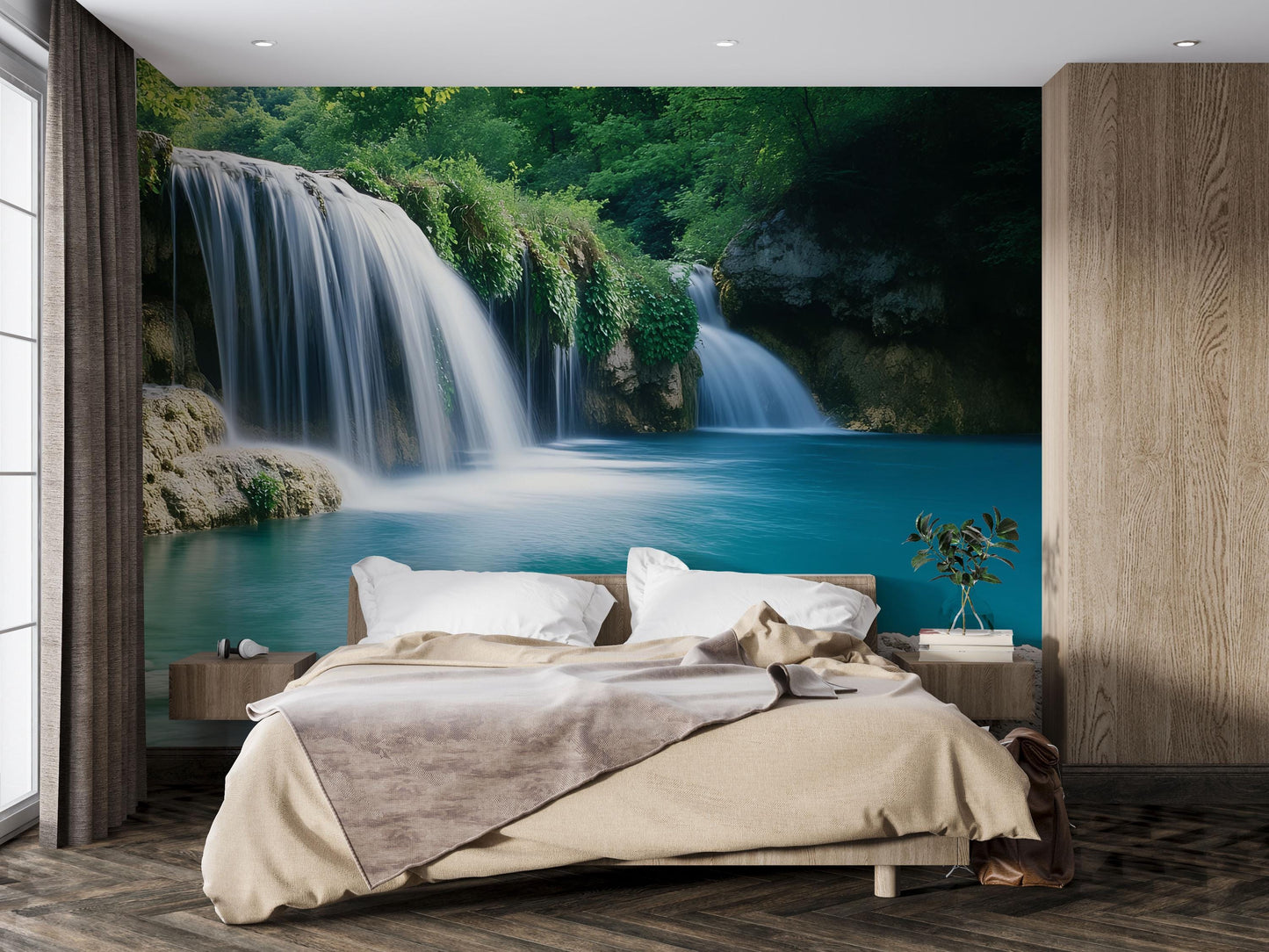 Waterfall Wall Mural for Bedroom – Nature-Inspired Wallpaper, Tranquil Forest Scene, Large Peel & Stick Mural Décor Vn695