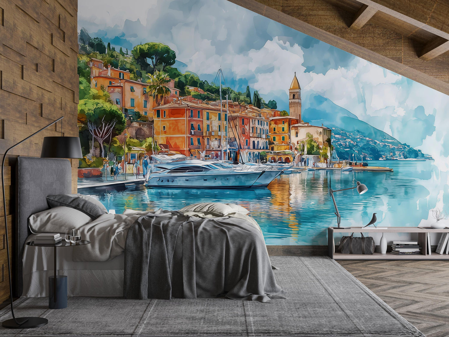 Italian Riviera Wall Mural – Watercolor Mediterranean Coast Wallpaper Vn926
