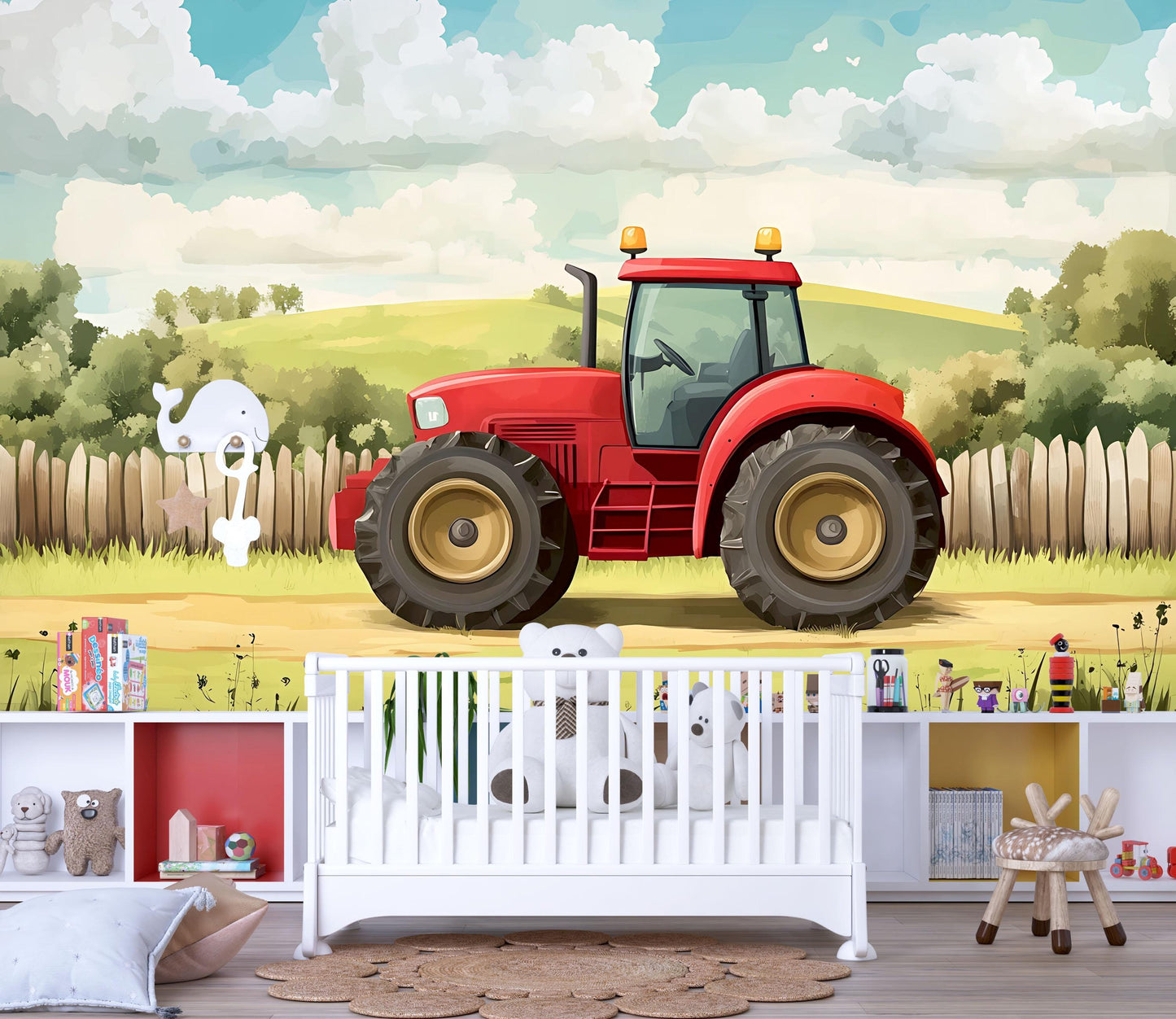 Red Tractor Kids Wall Mural – Farm Scene Wallpaper for Nursery or Playroom – Boys Room Decor – Country Landscape Wall Art Vn624