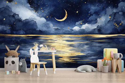 Moonlit Sea Wall Mural – Night Sky Nursery Wallpaper, Dreamy Crescent Moon Accent Wall for Kids Room or Bedroom Vn857