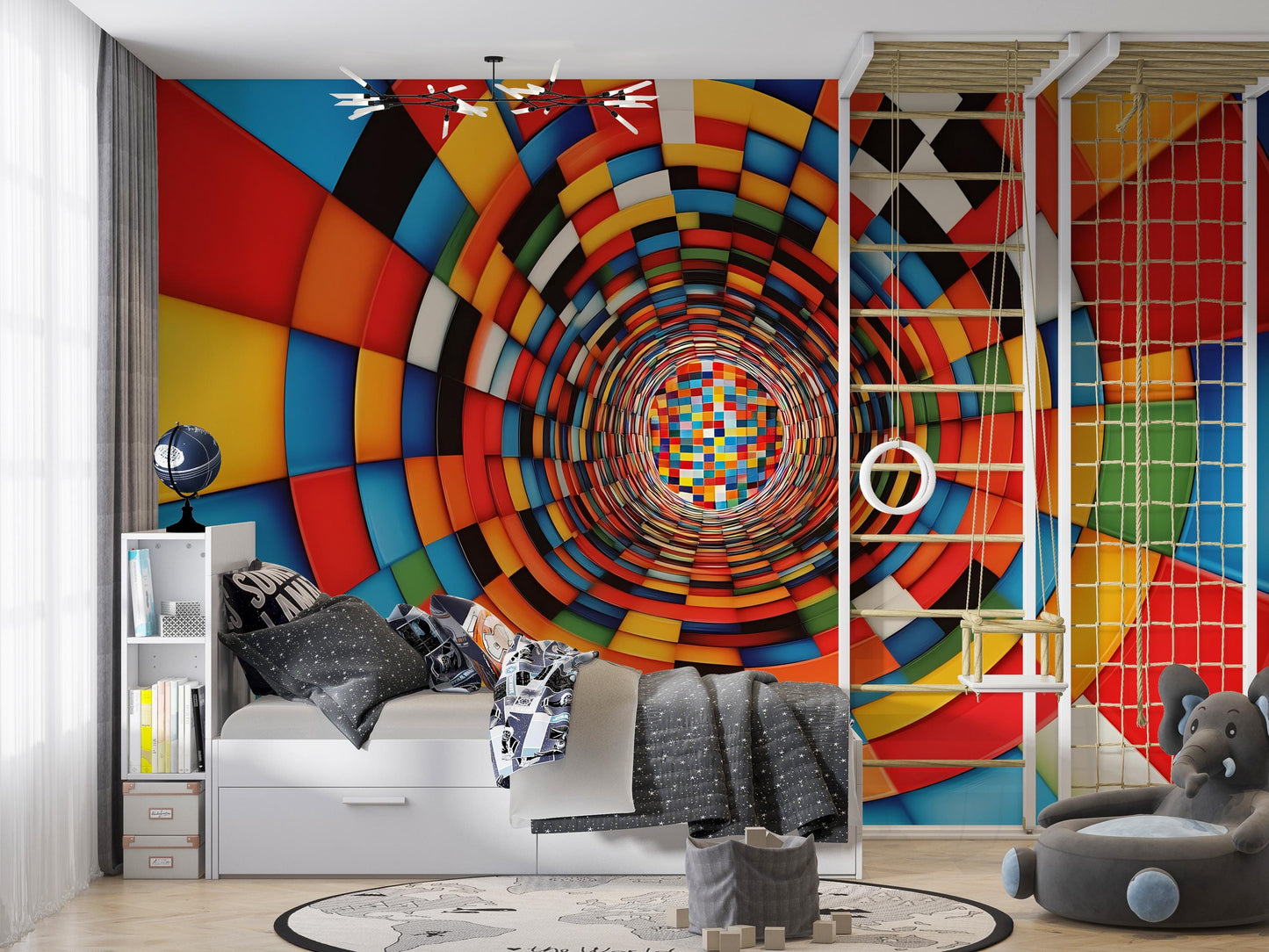 Colorful 3D Tunnel Wall Mural – Kids Room Optical Illusion Wallpaper Vn912