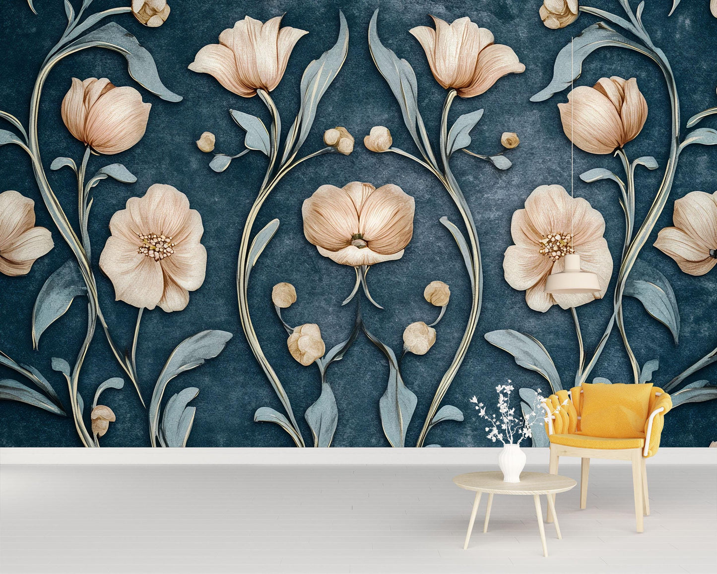 Elegant 3D Floral Wall Mural | Peach Flowers on Navy Background | Modern Botanical Wallpaper Vn753