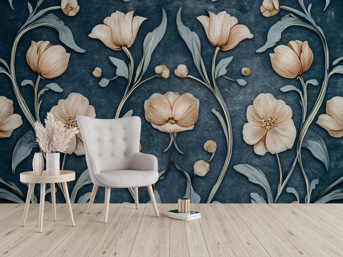 Elegant 3D Floral Wall Mural | Peach Flowers on Navy Background | Modern Botanical Wallpaper Vn753