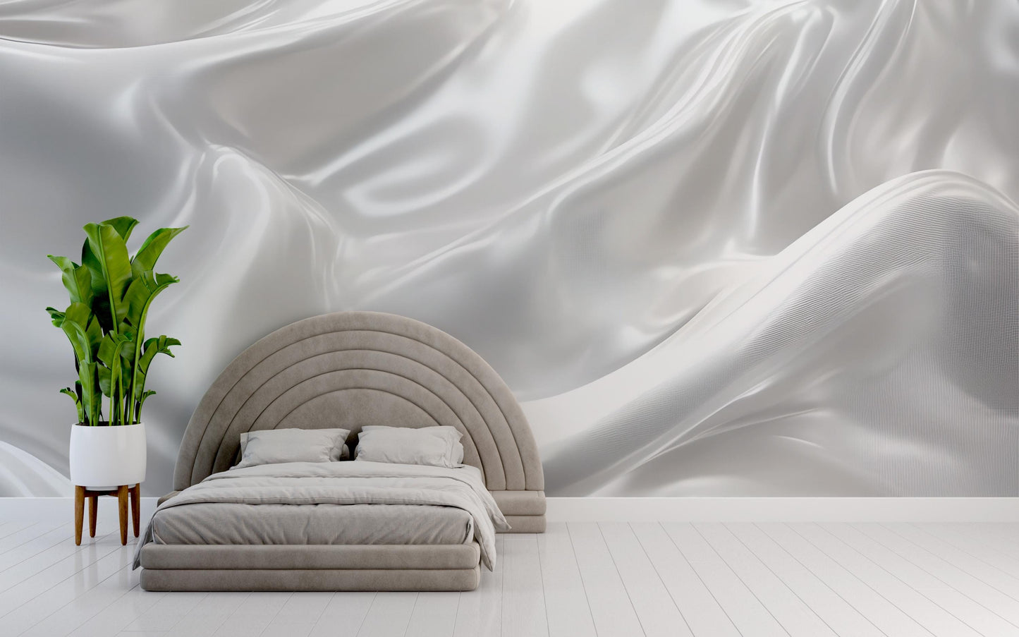 Modern Loft Bedroom Wall Art - White Satin Abstract Wallpaper Mural - Luxury Textured Fabric Effect - Minimalist Interior Decor Vn583