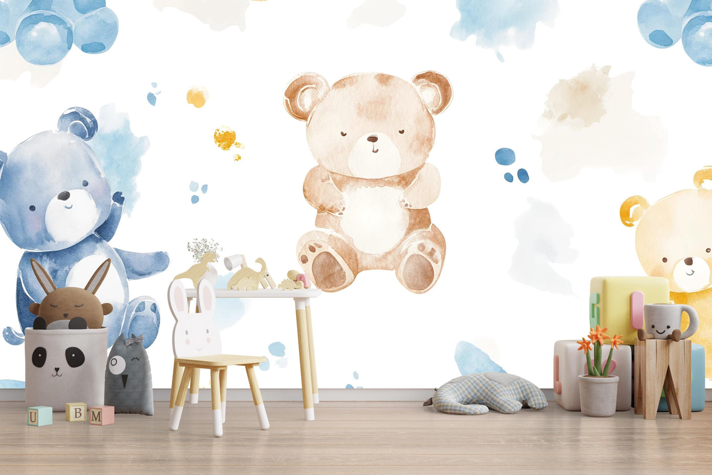 Watercolor Teddy Bear Wall Mural – Nursery Peel & Stick Wallpaper – Cute Animal Kids Room Décor – Gender Neutral Baby Wall Art Vn499