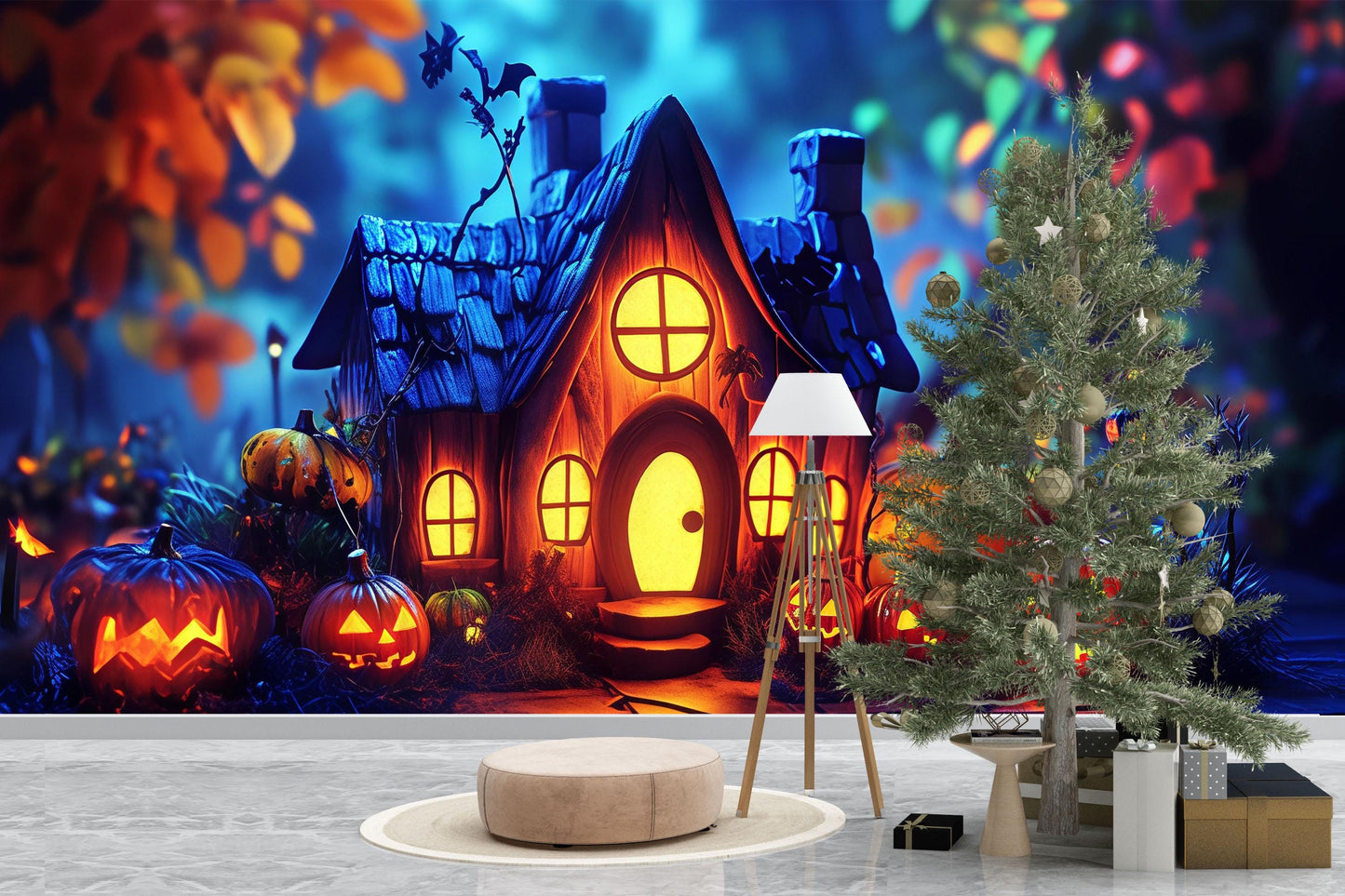 Witch & Pumpkin House Halloween Wall Mural – Cozy Spooky Home Décor Vn797