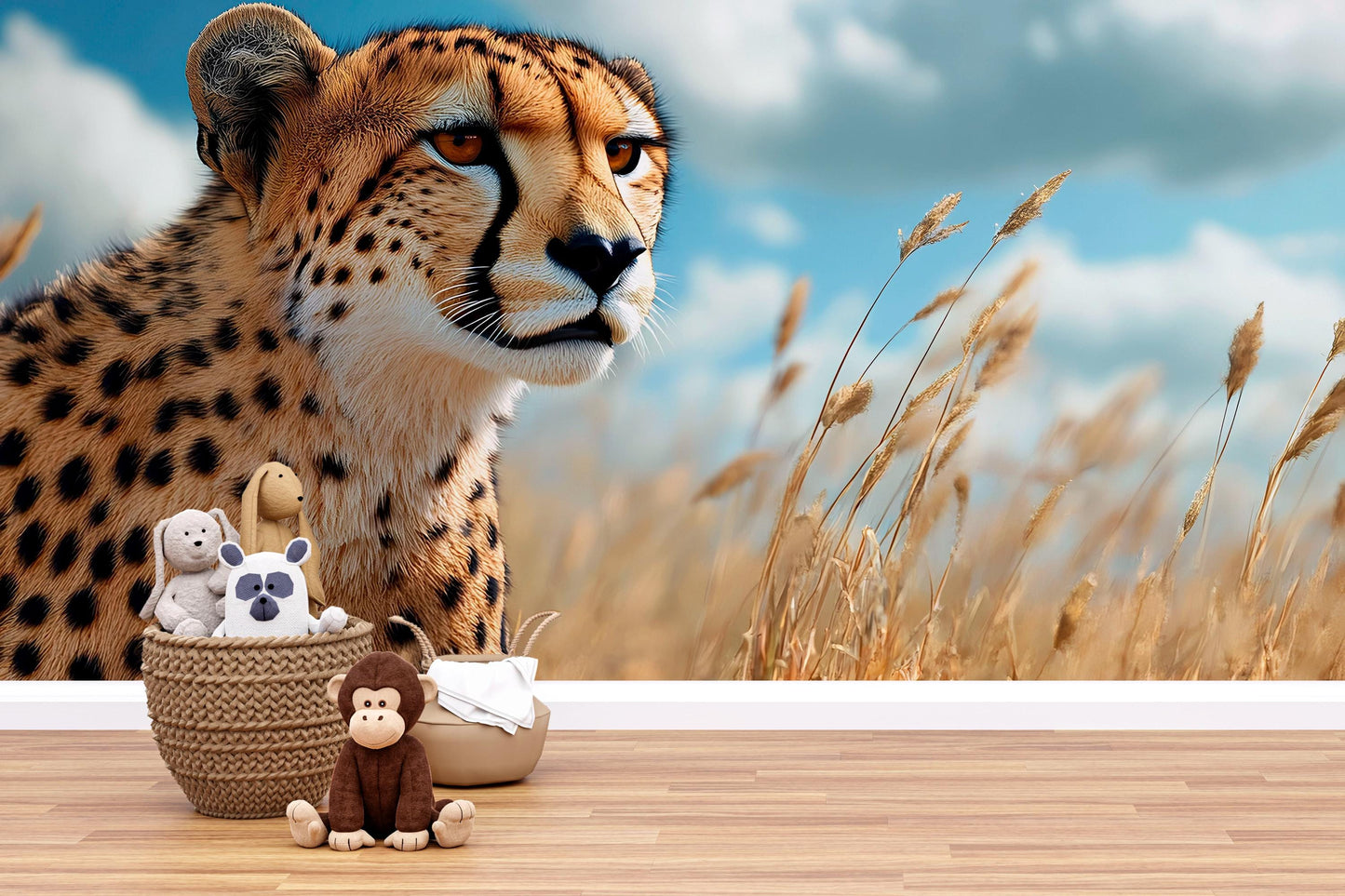 Cheetah in Grassland Wall Mural – Realistic Wildlife Safari Wallpaper for Nursery or Bedroom Vn781