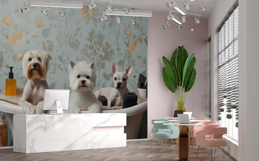 Cute Dogs in Bathtub Wall Mural - Funny Pet Bathroom Art - Vintage Dog Spa Decor - Whimsical Animal Print - Puppy Bathroom Wall Art Vn675