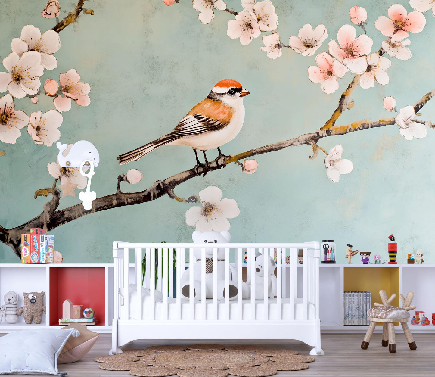 Bird and Blossom Wall Mural – Cherry Blossom Nursery Wallpaper, Nature Accent Wall for Kids Room or Bedroom Vn860