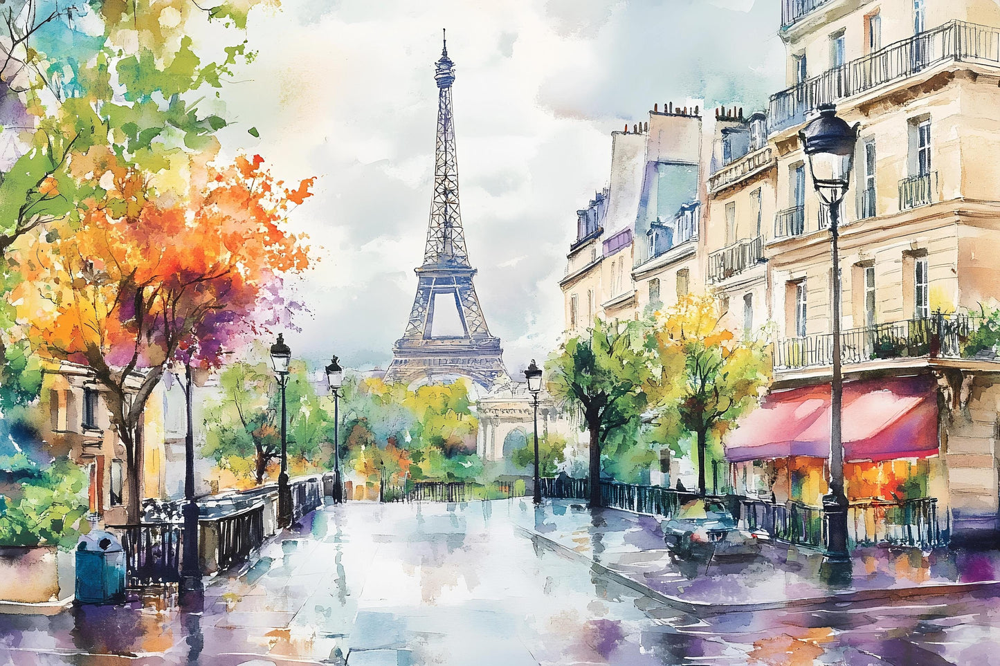 Paris Eiffel Tower Wall Mural – Watercolor Street View Wallpaper Vn931