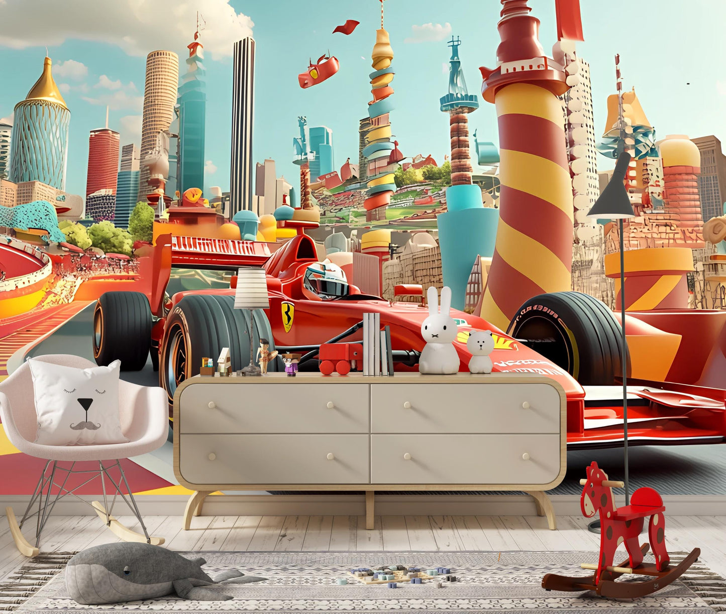 Kids Race Car Wall Mural – Colorful Formula 1 Cityscape Wallpaper for Boys Room Vn371