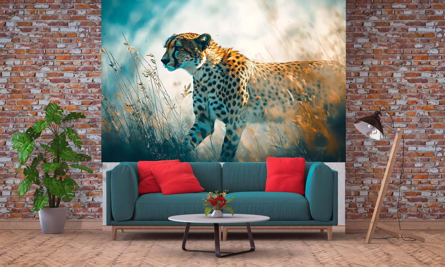 Cheetah Wall Mural - Safari Wildlife Jungle Art - Large Animal Print Wallpaper - African Nature Decor for Living Room or Office Vn538
