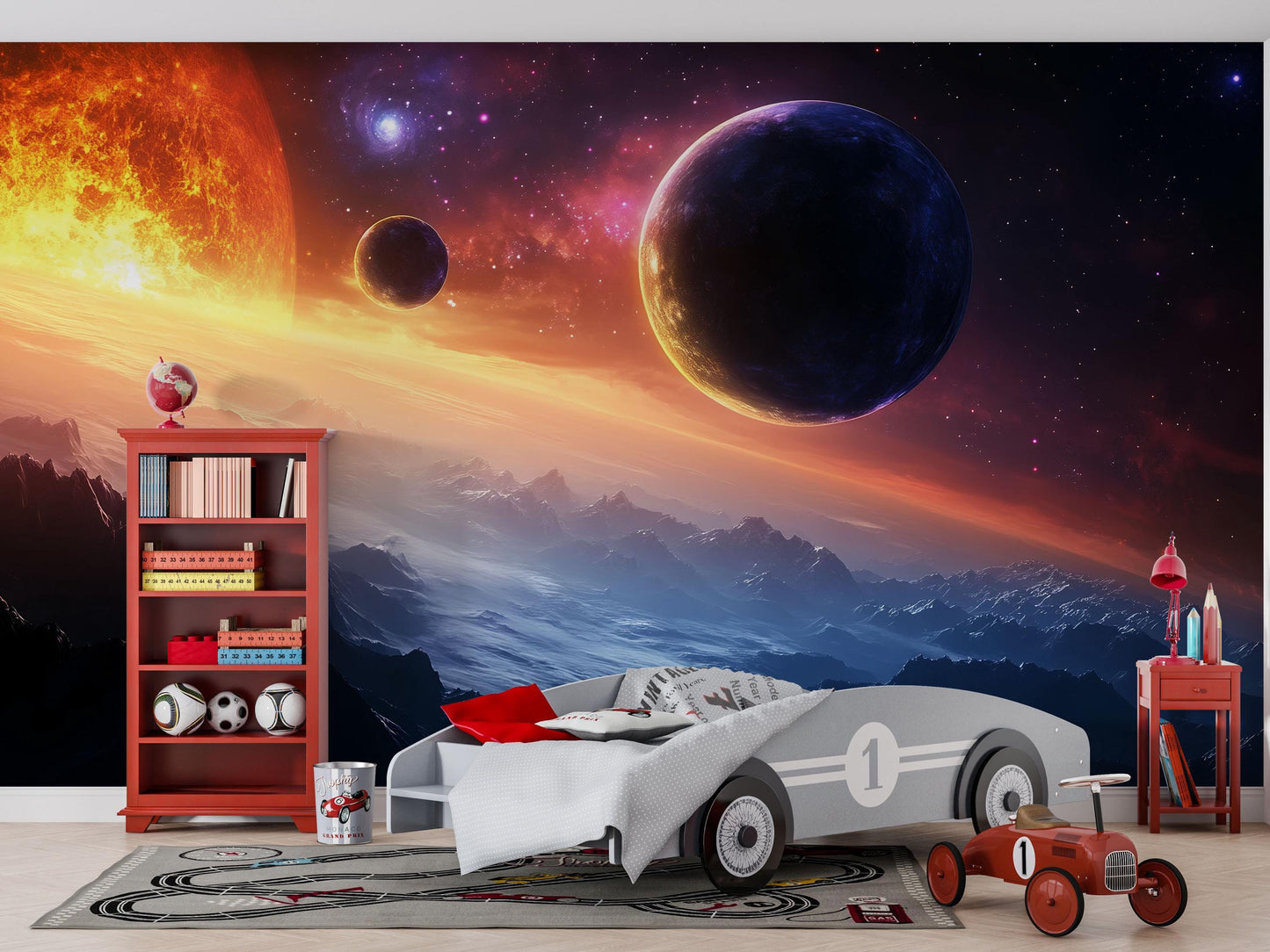 Sunset Planets Wall Mural – Outer Space Galaxy Wallpaper for Bedroom & Living Room Vn874