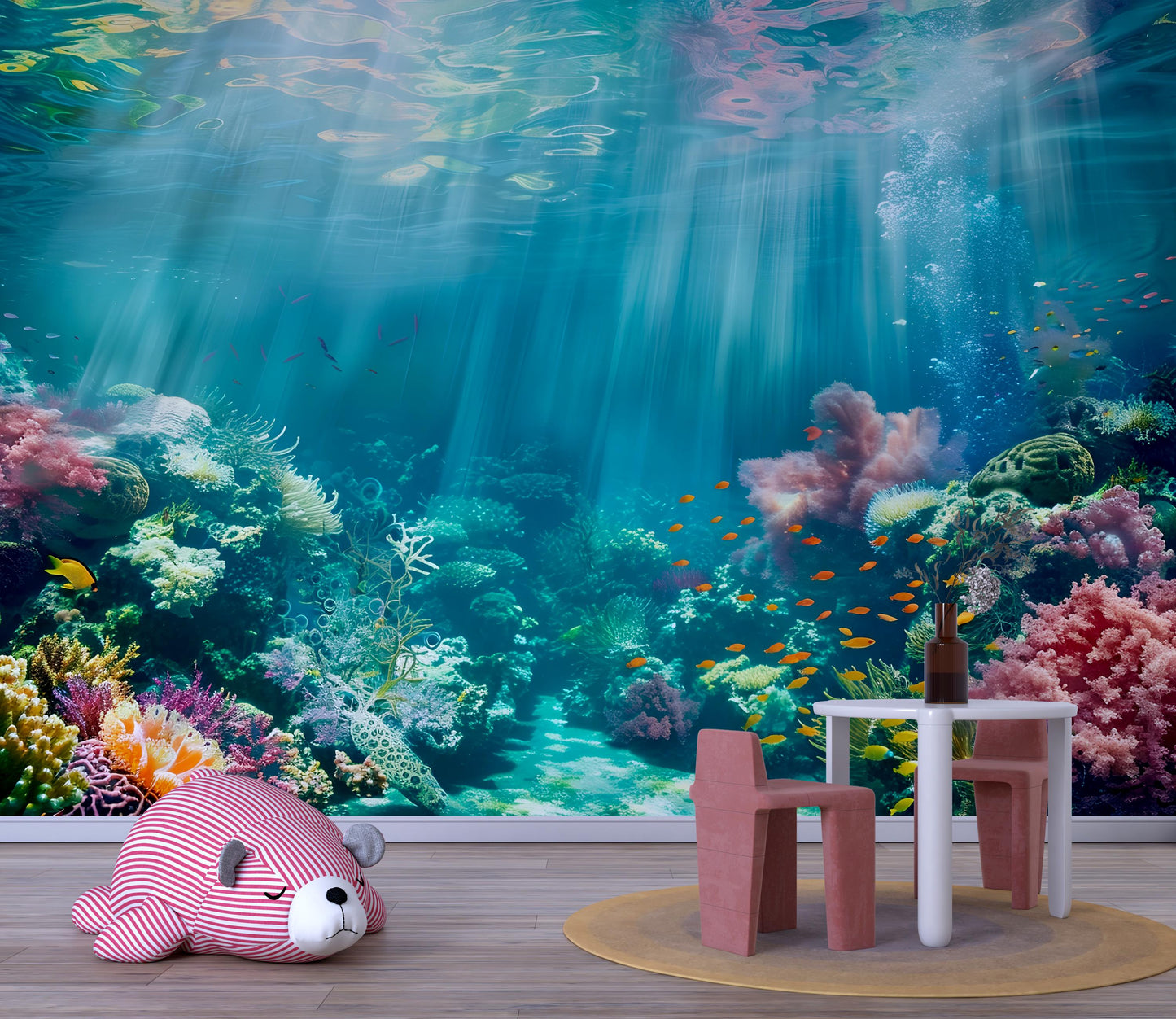 Underwater Coral Reef Wall Mural – Ocean Sea Life Wallpaper, Kids Room Marine Accent Wall Decor with Fish & Coral Vn1066