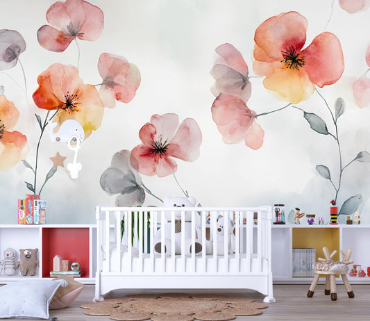 Watercolor Floral Wall Mural for Kids Room – Soft Pastel Nursery Decor Vn555