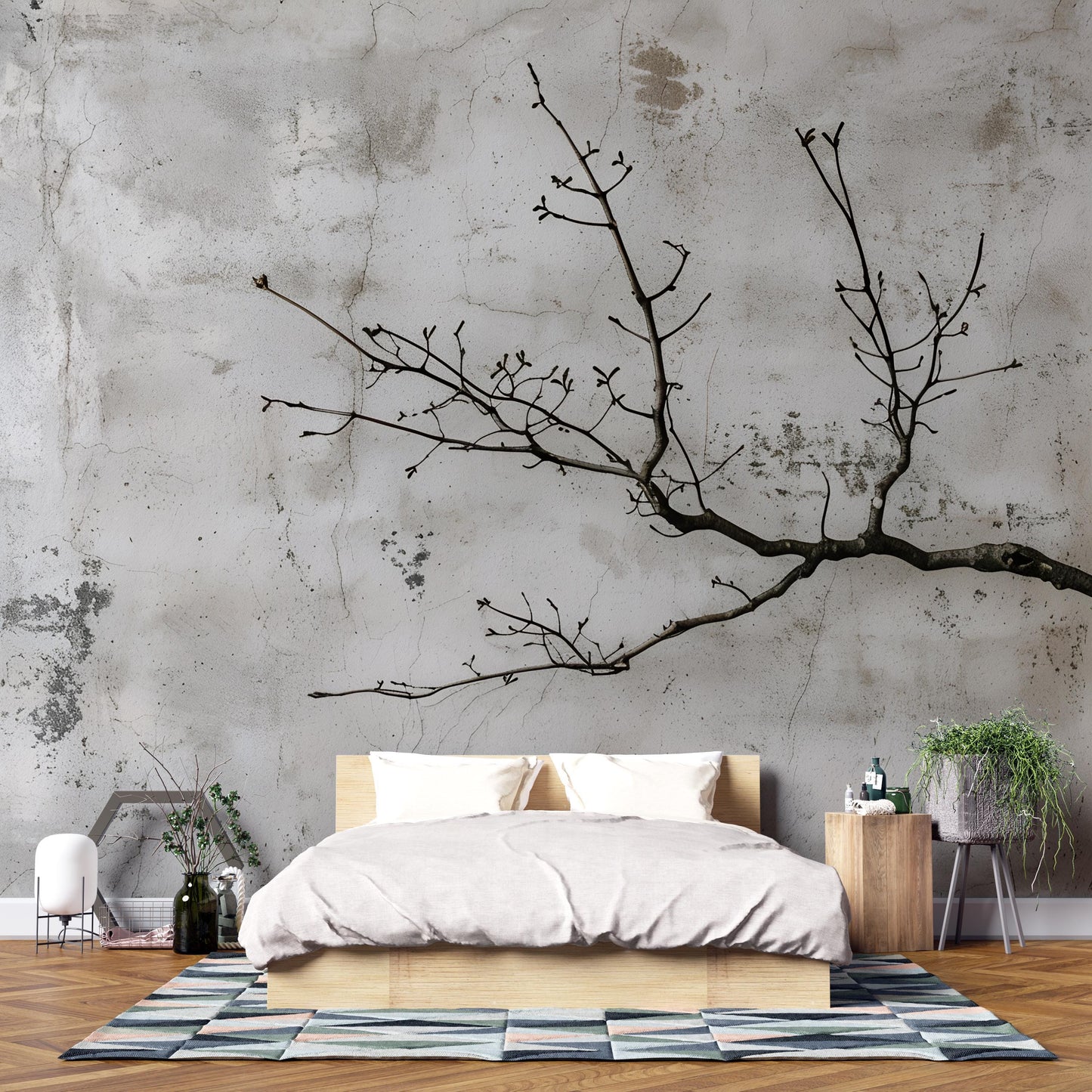Japandi Wall Mural | Minimalist Tree Branch Concrete Wallpaper Vn1043