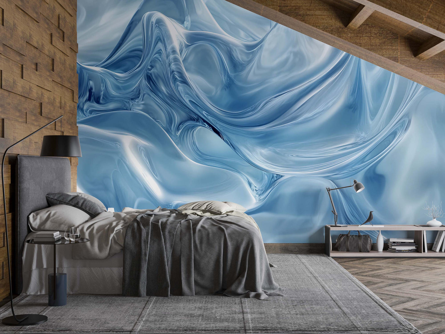 Abstract Blue Swirl Wall Mural, Modern Bedroom Wallpaper, Ocean Wave Effect Art, Luxury Interior Accent Wall Decor Vn752