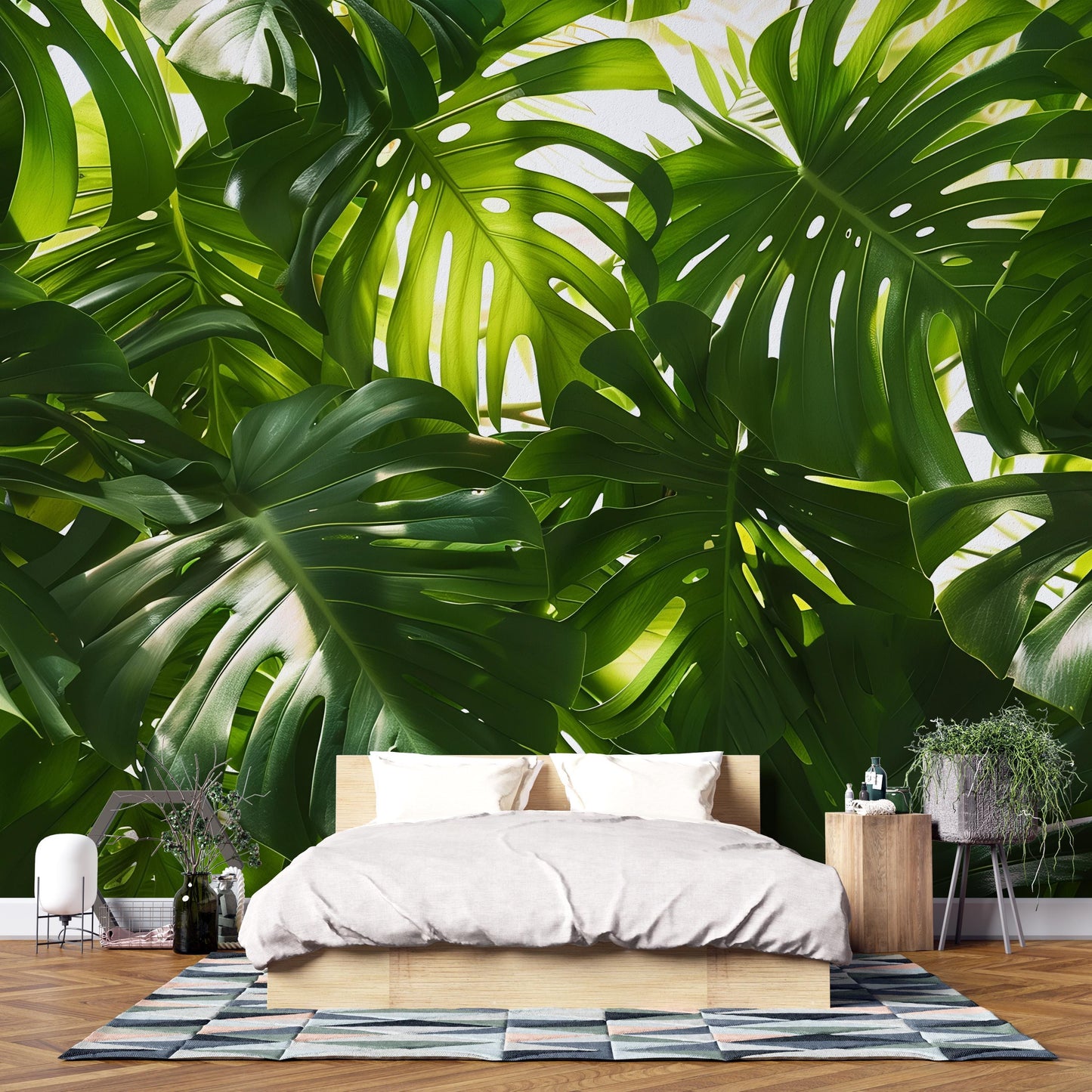 Tropical Leaf Wall Mural – Monstera Jungle Wallpaper, Botanical Greenery Accent Wall Decor for Bedroom or Living Room Vn1062