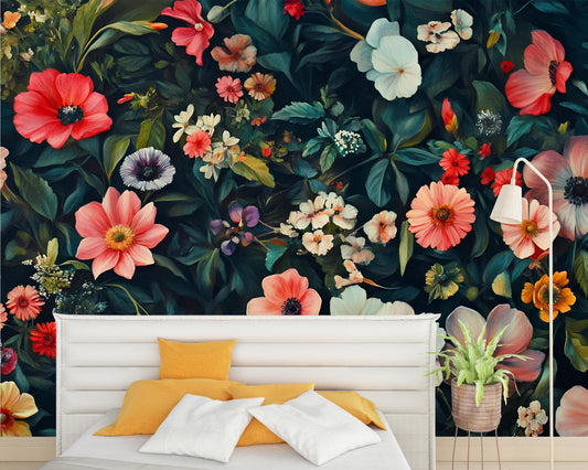 Large Floral Wall Mural for Bedroom – Dark Botanical Wallpaper – Vintage Flower Accent Wall – Peel and Stick or Traditional Vn205