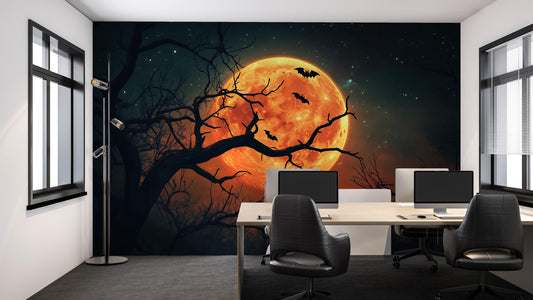 Halloween Full Moon & Bats Wall Mural – Spooky Night Scene Vn804