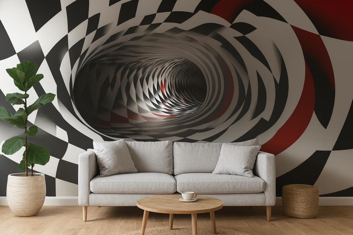 3D Tunnel Wall Mural – Black Red Optical Illusion Wallpaper Vn906