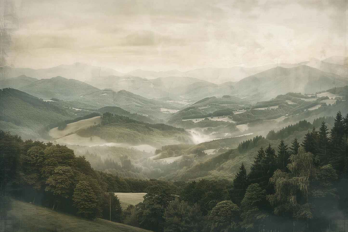 Forest Valley Wall Mural – Misty Mountain Landscape Wallpaper for Living Room or Kids Room Vn1056