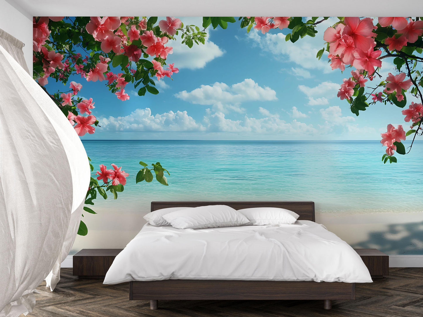 Ocean View Bedroom Wall Mural – Tropical Hibiscus Flower Wallpaper, Tranquil Beach Scene Decor, Removable Peel & Stick Vn650