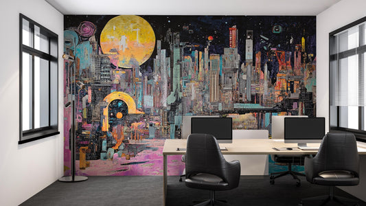 Futuristic Cyberpunk Cityscape Wall Mural for Modern Office Decor Vn202