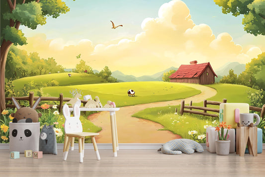 Whimsical Farm Animal Nursery Wall Mural – Pastoral Landscape Baby Room Wallpaper – Cartoon Country Wall Art for Kids Room Decor Vn621