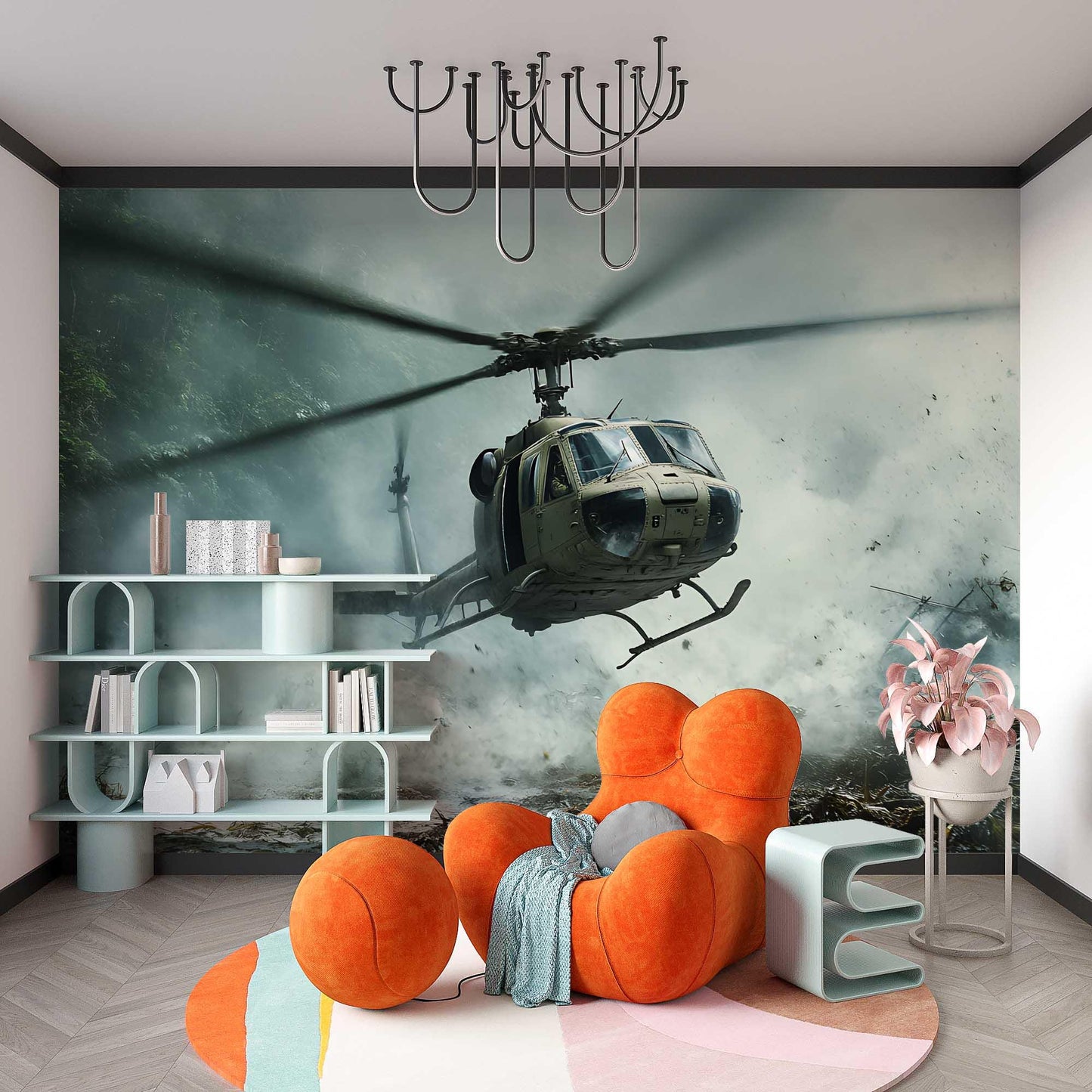 Helicopter War Scene Wall Mural for Boys Room – Epic Military Themed Wallpaper – UH-1 Huey Chopper Mural – Kids Room Wall Decor Vn456