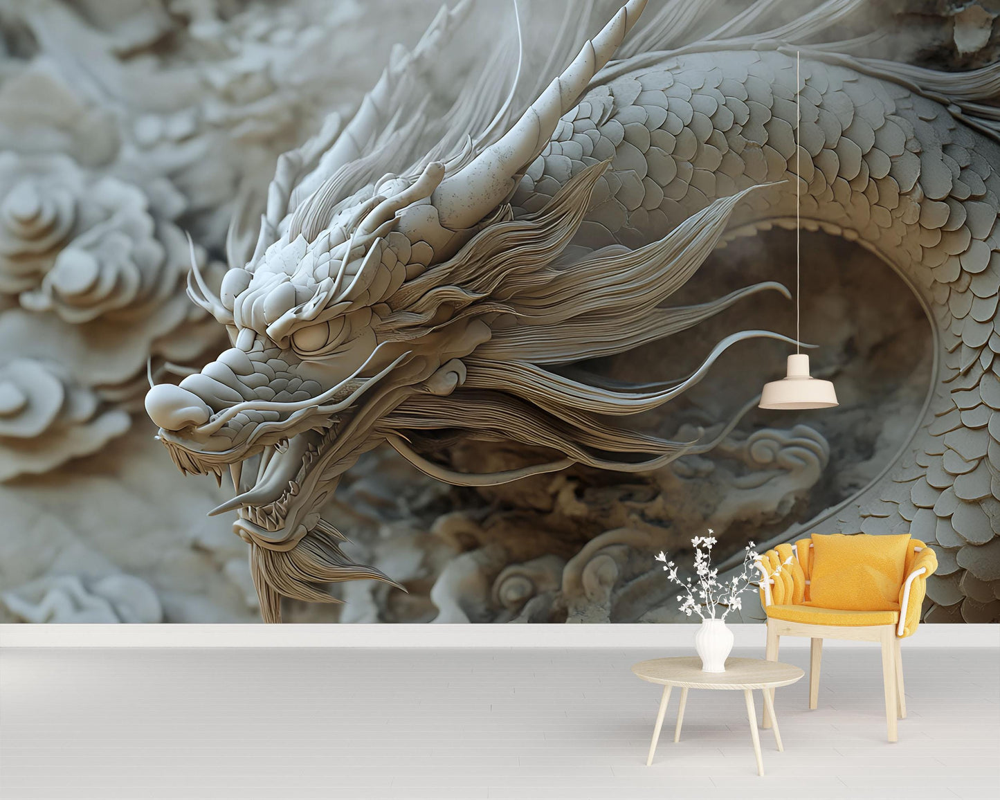 3D Asian Dragon Wall Mural | Mythical Beast Wallpaper | Serene Zen Home Decor | Fantasy Oriental Dragon Art Print Vn594