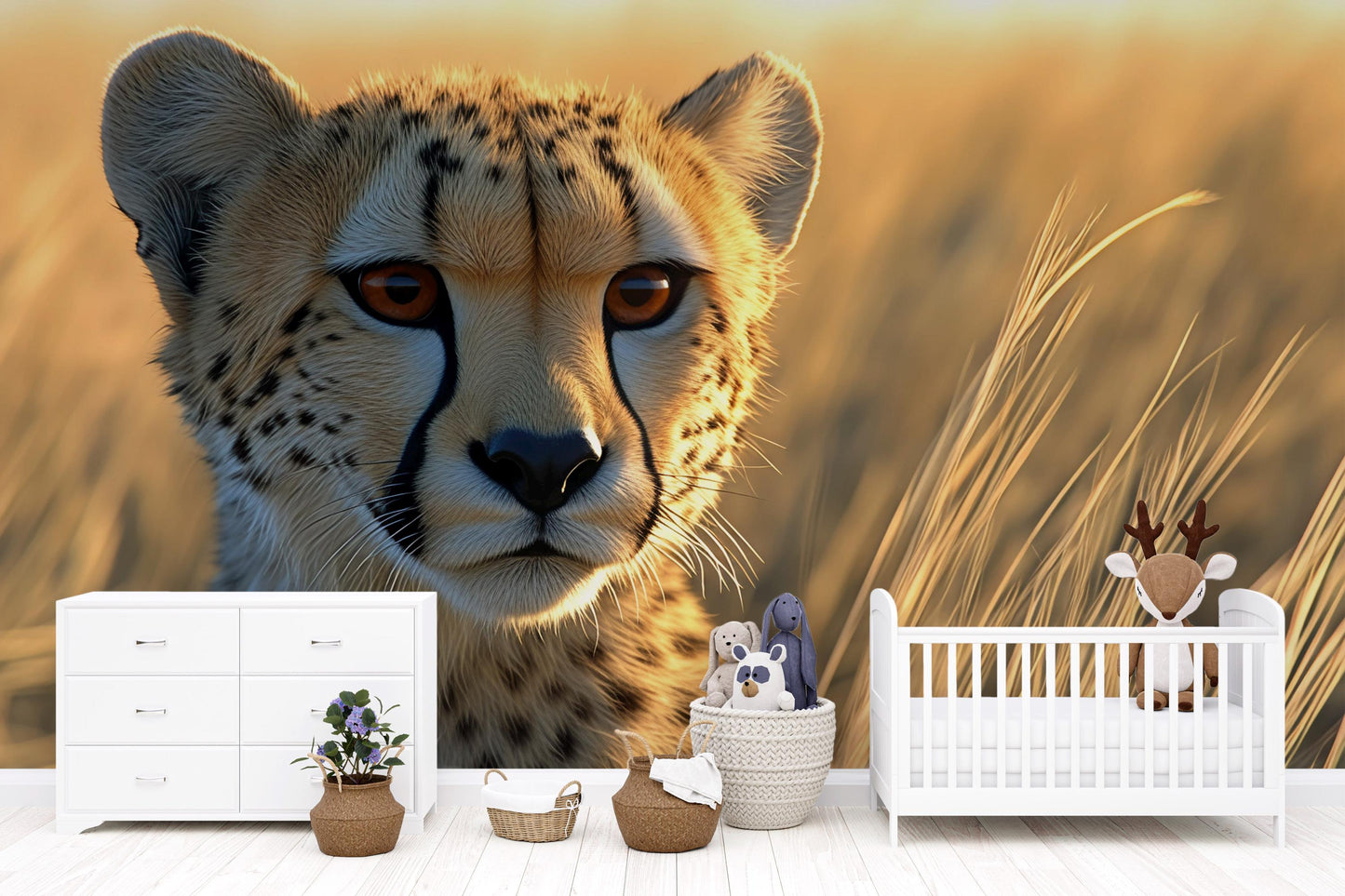Cheetah Safari Nursery Wall Mural | Jungle Animal Baby Room Decor | Wildlife Big Cat Wallpaper | Removable Kids Wall Art Vn537