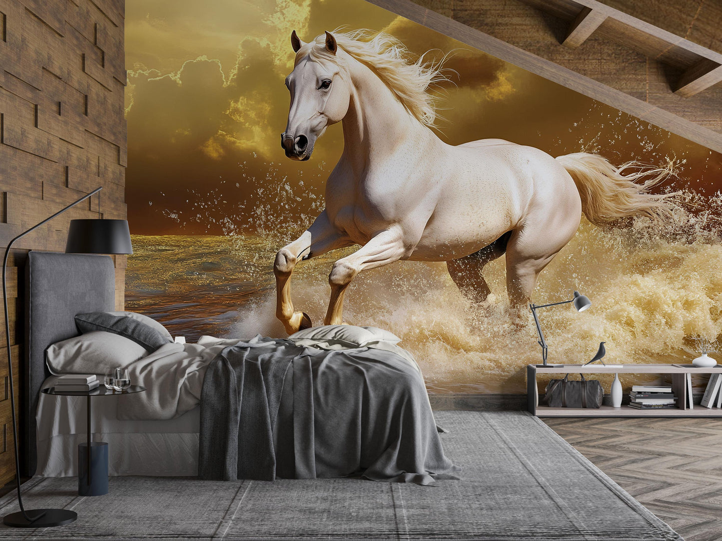 White Stallion Wall Mural – Realistic Galloping Horse in Ocean Waves Wallpaper Vn778