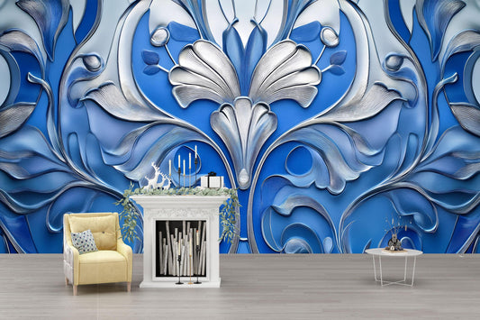 3D Blue Floral Wall Mural – Elegant Embossed Botanical Art Wallpaper for Living Room & Bedroom Vn757
