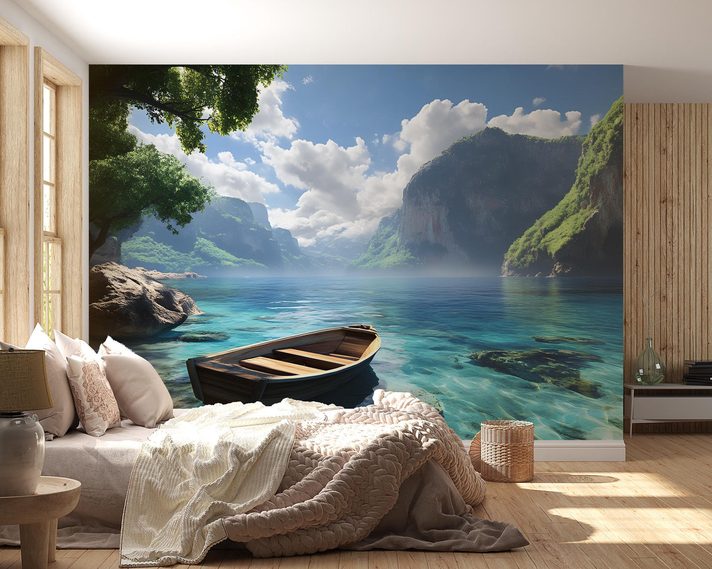Scenic Lake Mountain Wall Mural for Bedroom | Nature Landscape Wallpaper | Tranquil Lake Wall Art | Serene Retreat Wall Decor Vn573