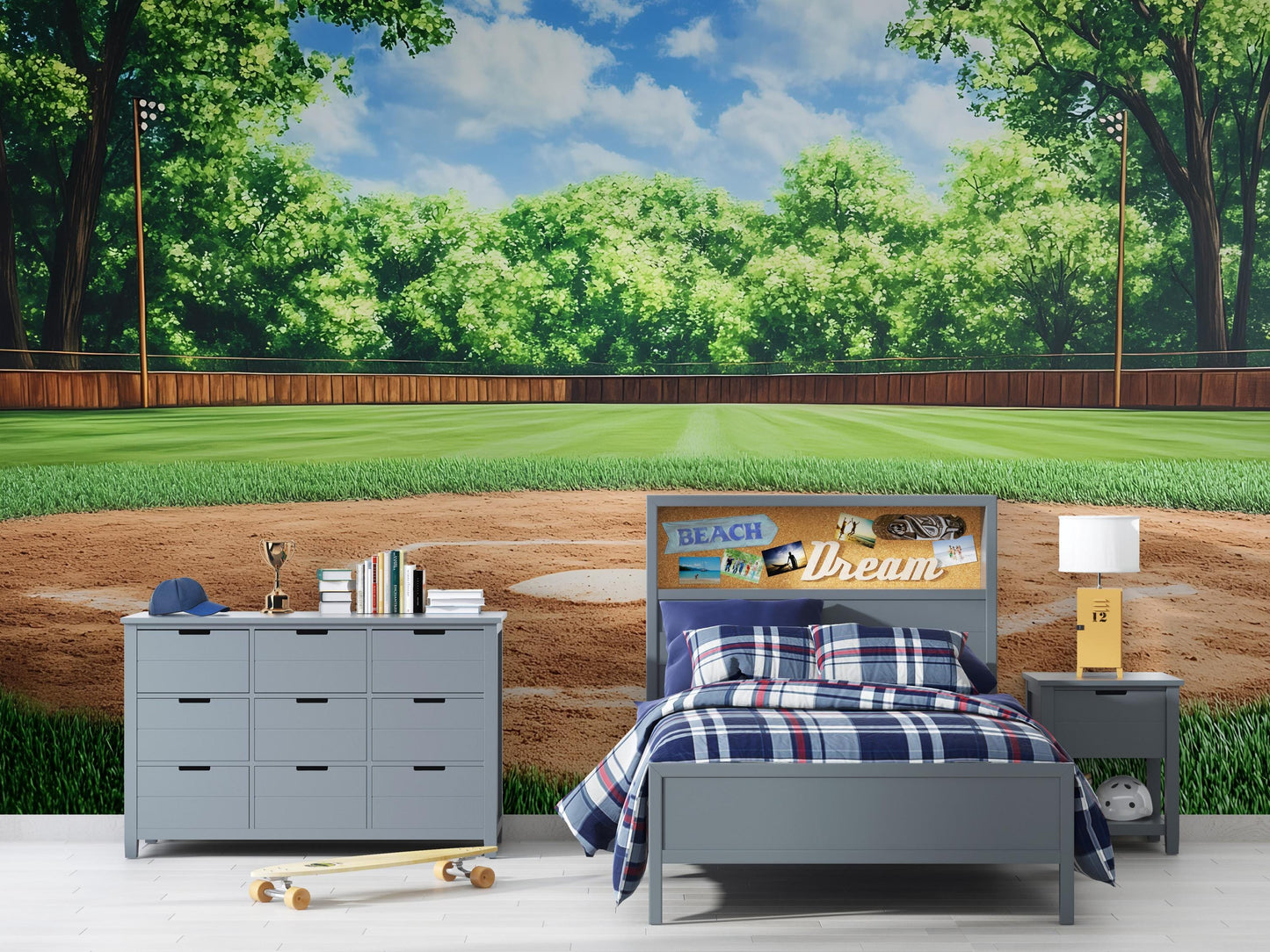 Baseball Field Wall Mural – Realistic Sports Theme Wallpaper for Boys Room, Game Room, or Man Cave Decor Vn531