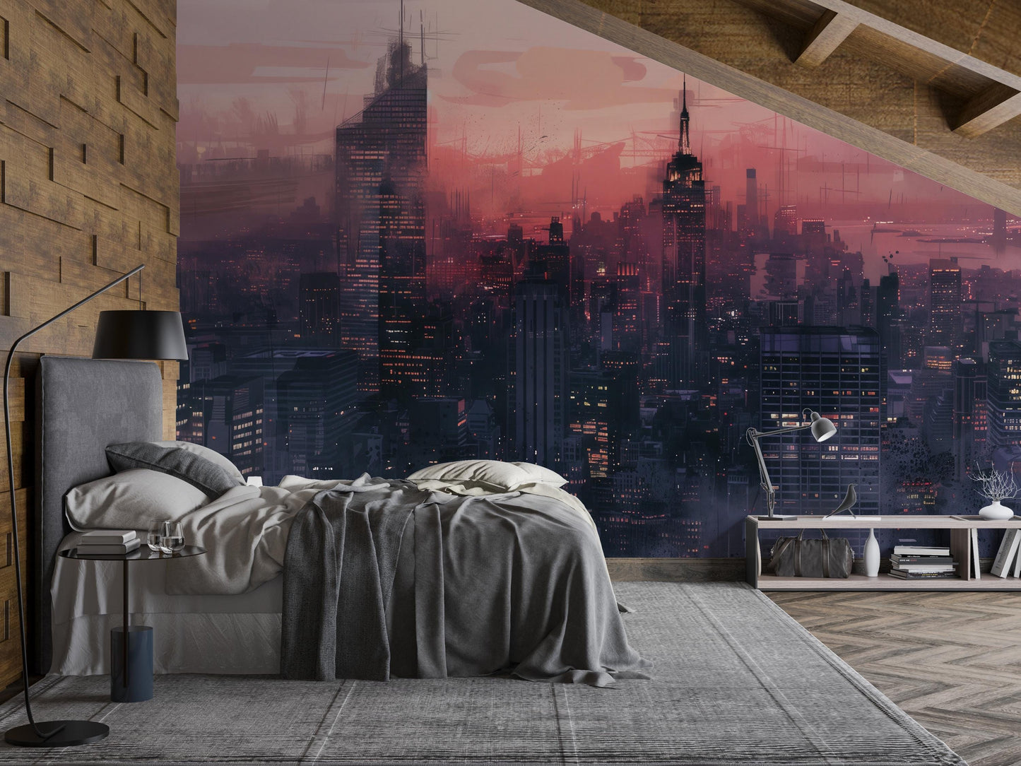 Cityscape Wall Mural – Futuristic Skyline Wallpaper, Urban Night Accent Wall Decor for Bedroom, Office or Living Room Vn1068