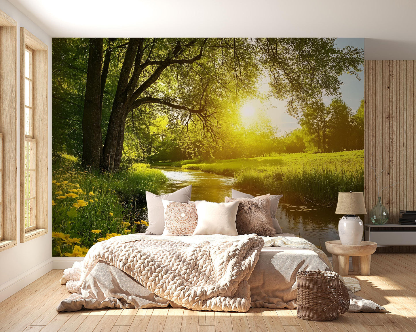 Peaceful Forest River Wall Mural for Bedroom | Tranquil Nature Sunset Wallpaper | Serene Tree Landscape Mural Decor Vn689