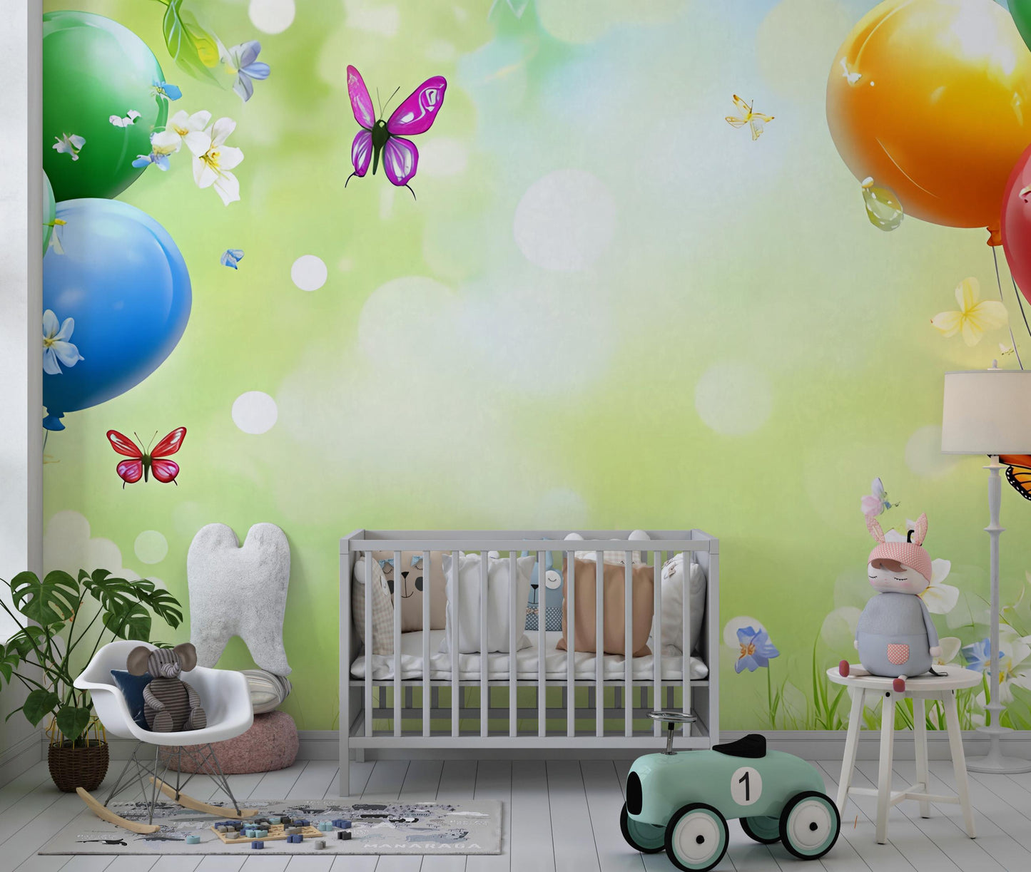 Whimsical Balloon Butterfly Nursery Wall Mural – Nature Theme Baby Room Wallpaper – Colorful Spring Background for Kids Room Vn257