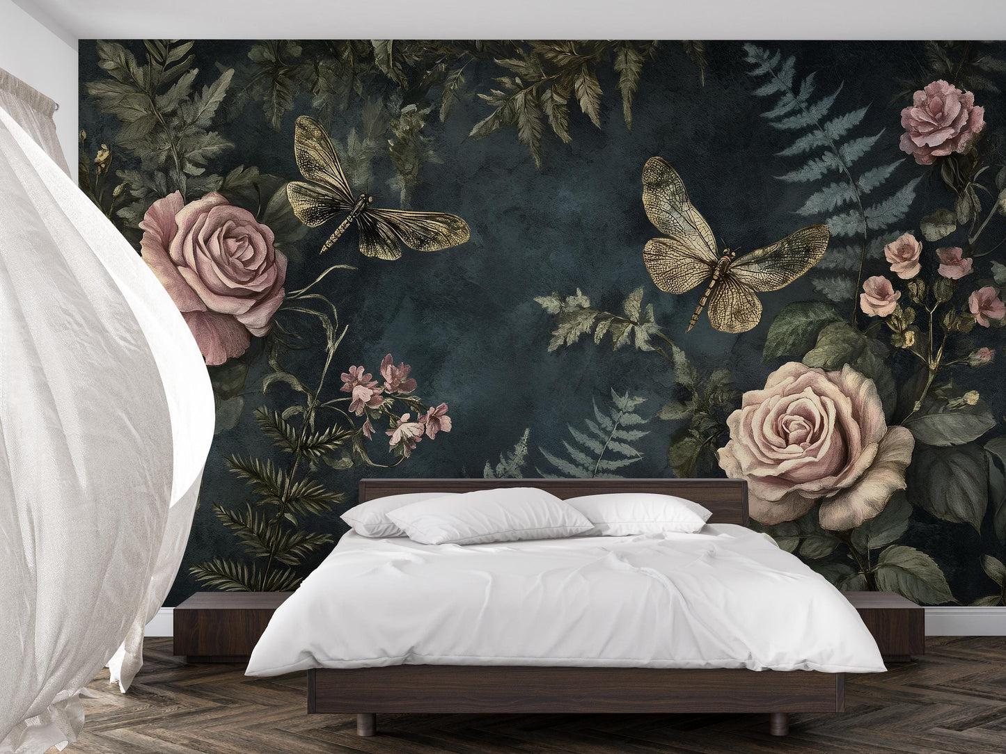 Dark Botanical Wall Art – Vintage Dragonflies & Roses Print Vn955